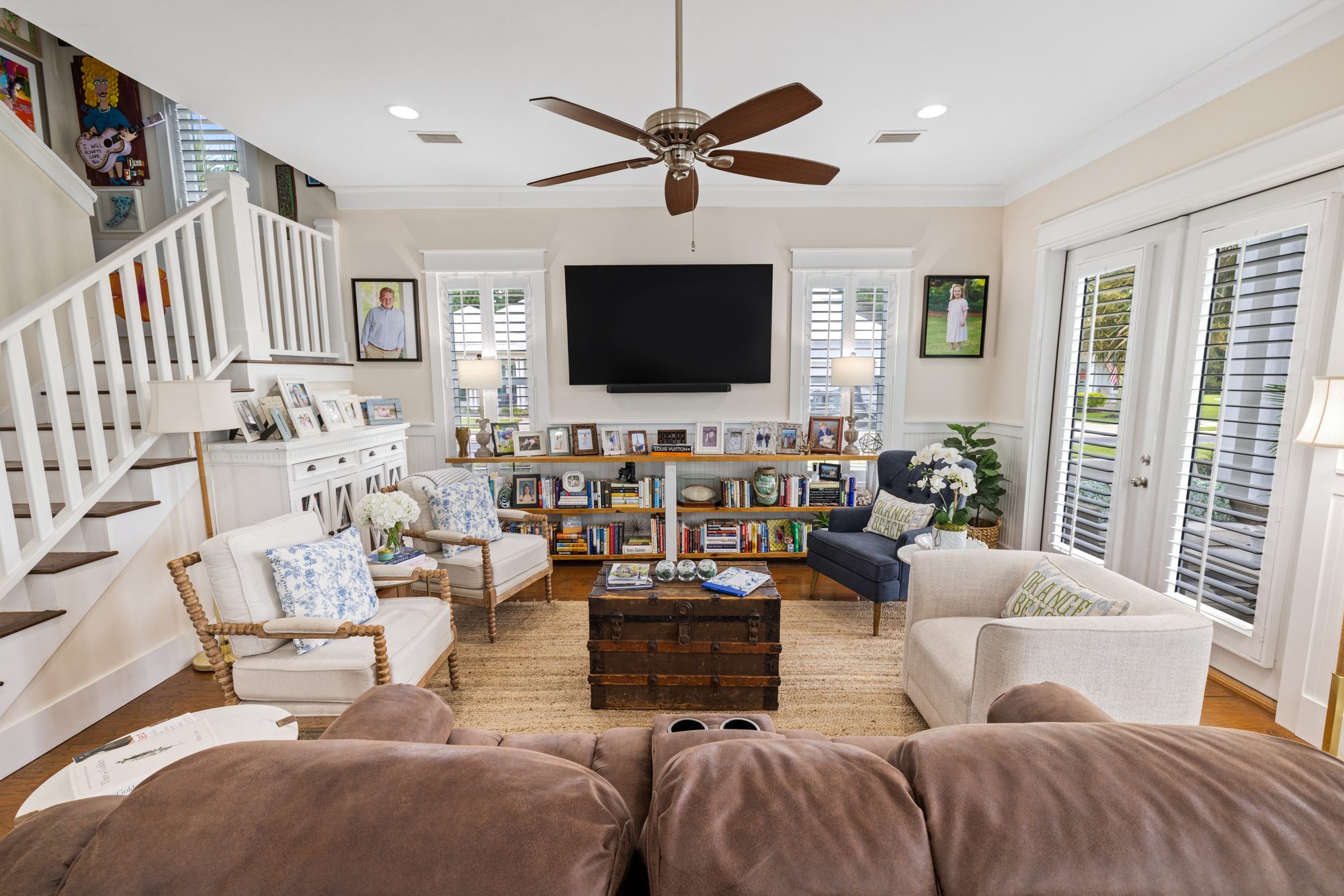 Coastal home living room and staircase