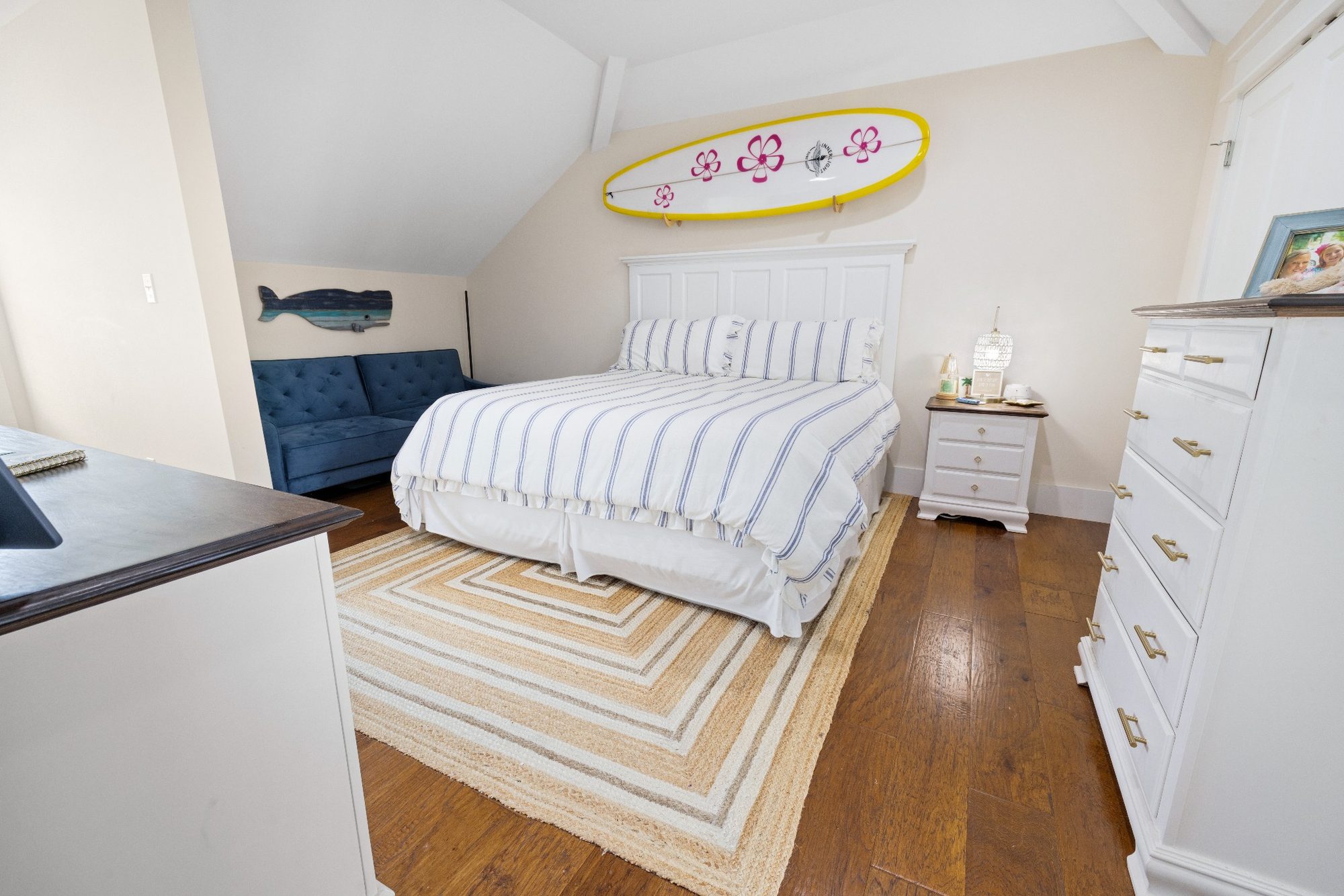 Coastal bedroom with striped bedding