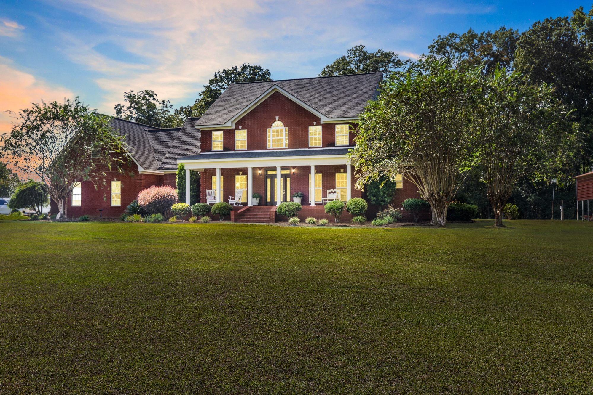 Brick home at dusk