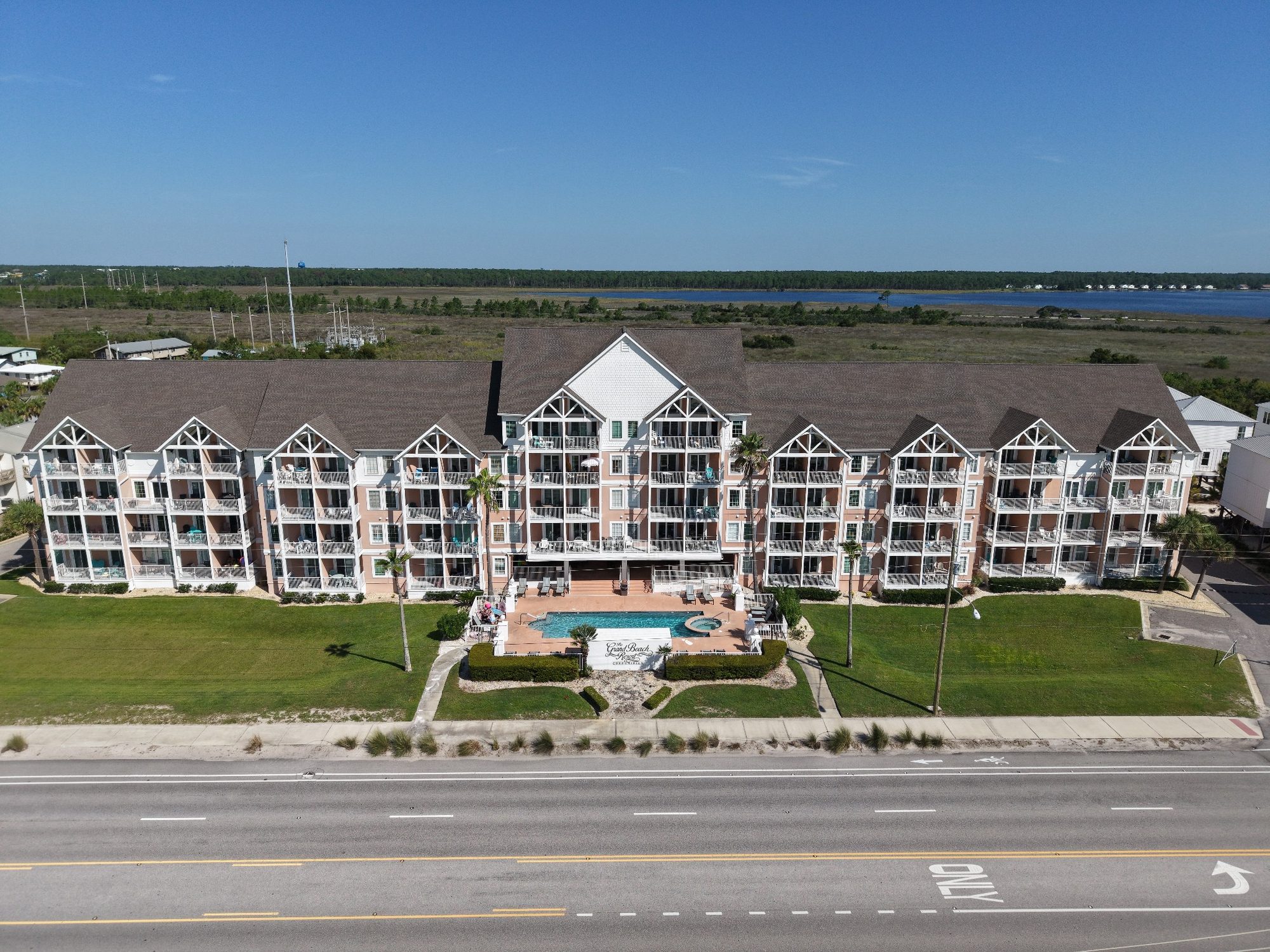 Aerial exterior of a Gulf Shores condominium